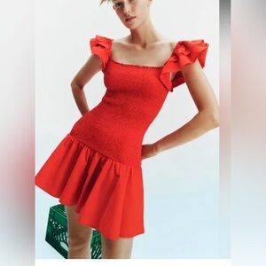 Zara Red Mini Dress With Ruffle Sleeves Size Large EUC